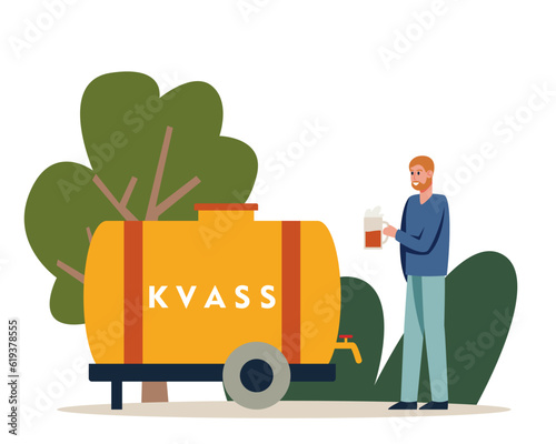 Young man standing near large barrels of beverage and selling drinks outdoors. Exterior of small stores collection. Vector flat illustration in green and yellow colors