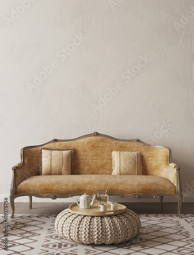 Vintage livingroom interior design with yellow lounge sofa. White wall mockup. 3d rendering illustration