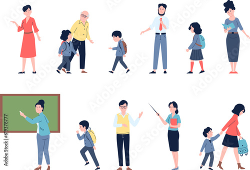Back to school go children with backpack and parents. Teachers and students flat characters, young pupil and study. Recent education vector set