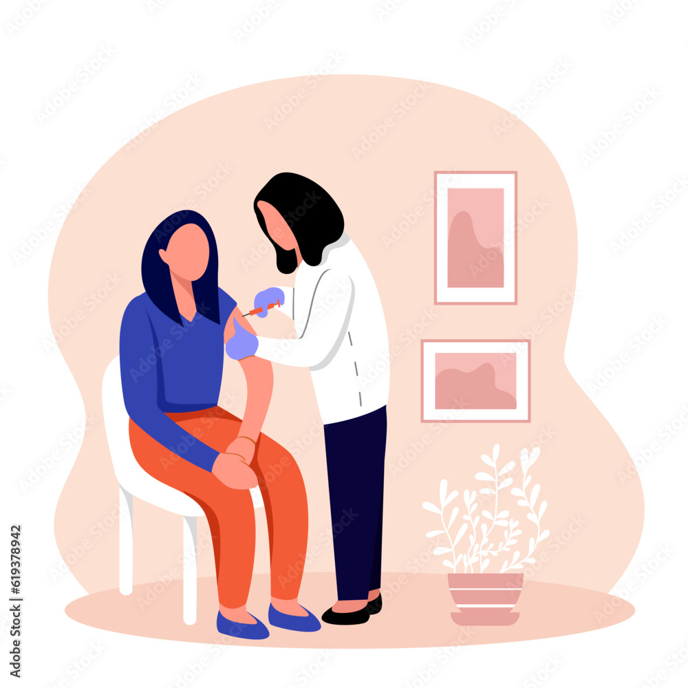 Doctor in medical coat makes an inoculation to female patient. Human clinical trials vaccination shot. Giving vaccination for people. Vector flat illustration in red and blue colors Doctor in medical coat makes an inoculation to female patient. Human clinical trials vaccination shot. Giving vaccination for people. Vector flat illustration in red and blue colors