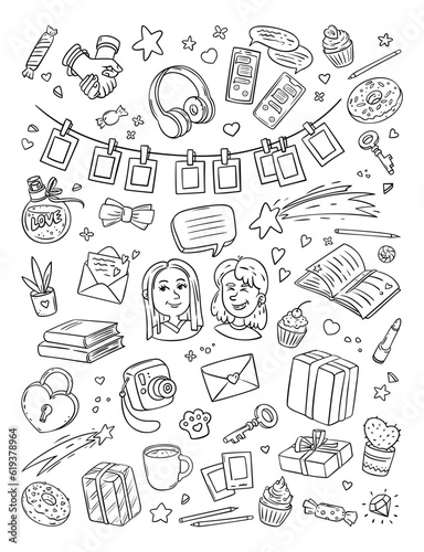 Set of elements Friends and Friendship. Girls Design coloring template. Vector black and white Illustration