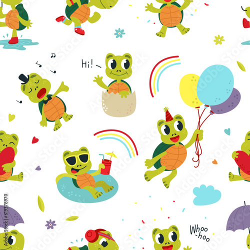 Turtle seamless pattern. Green comic turtles fabric print. Decorative printable template with cute animals. Children animal characters classy vector background © LadadikArt