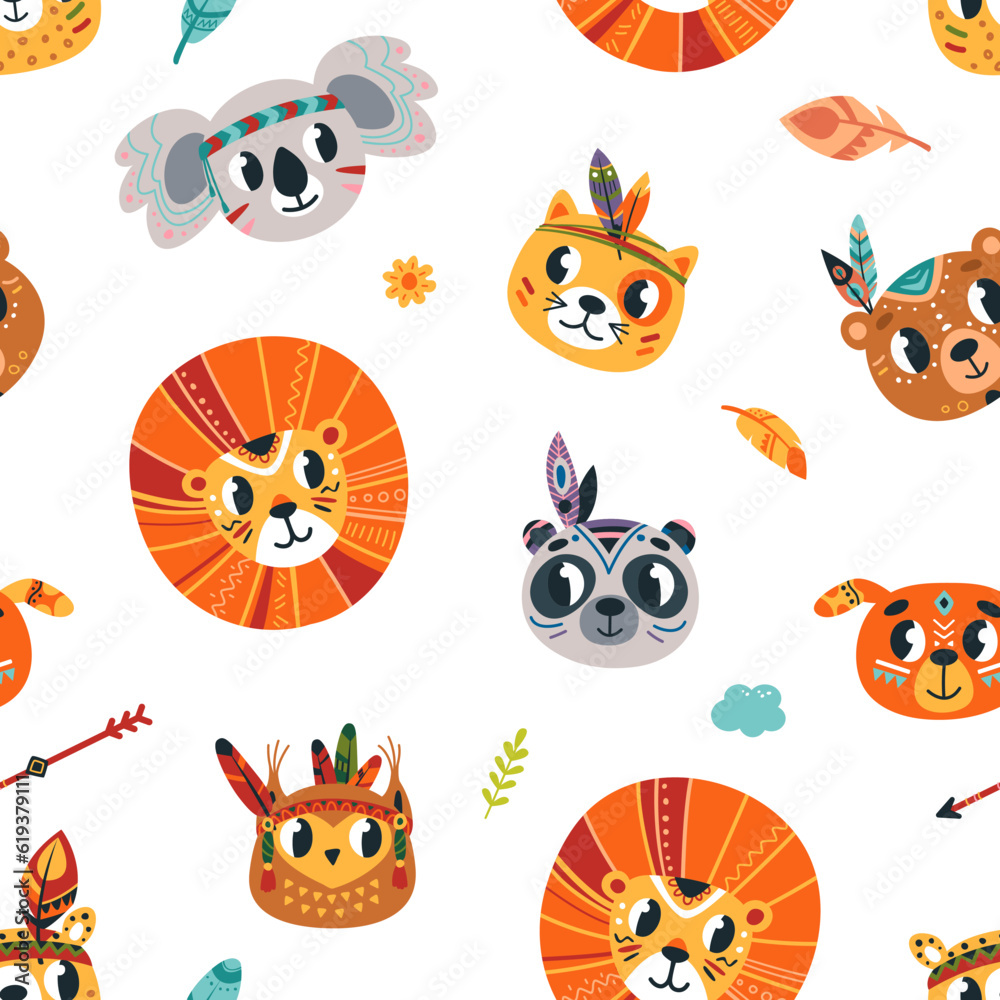 Fototapeta premium Tribal animals seamless pattern. Animal boho style faces background. Woodland indian characters, child fabric print design. Classy vector texture