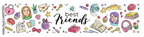 Set of funny elements Friends and Friendship. Girls Design Elements. Vector horizontal Illustration