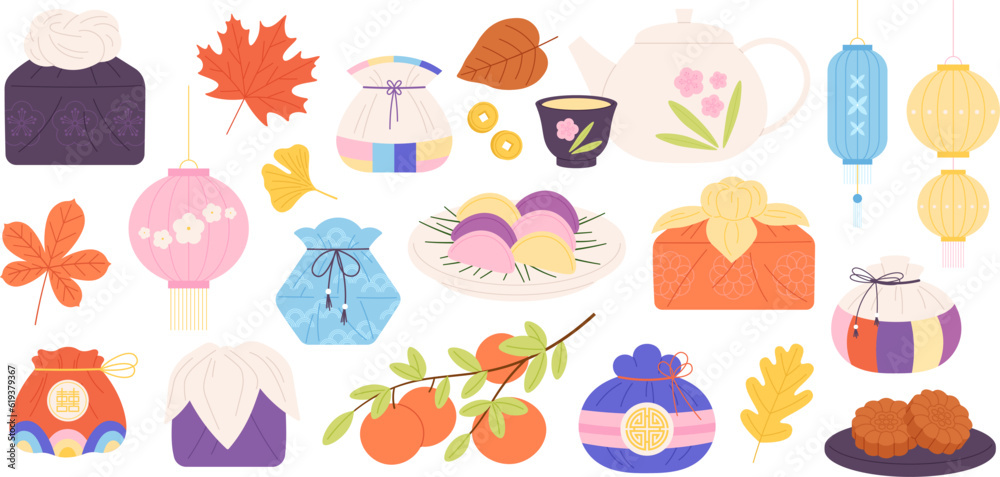 Traditional chuseok festival elements. Korean lucky bags, orange tree and cookies. Oriental chinese autumn, racy food and symbols vector set Traditional chuseok festival elements. Korean lucky bags, orange tree and cookies. Oriental chinese autumn, racy food and symbols vector set