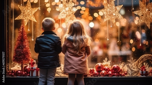 small children stand on the street near a shop window decorated with New Year's garlands photo