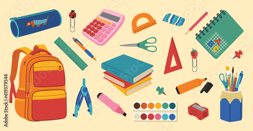 Set of different school supplies. Backpack, textbooks, calculator, pencil case, paints, pencil, markers, notebook, clip. Hand drawn vector illustration isolated on light background flat cartoon style.