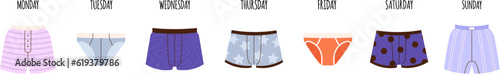 Male trousers for week, different panties from monday to sunday. Cartoon men lingerie, isolated flat vector underwear design collection