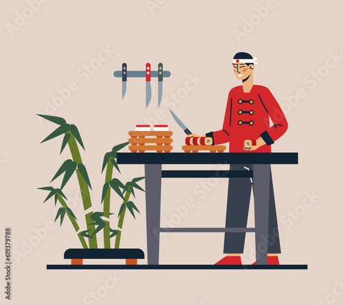 Professional Korean chef in protective clothes cuts rolls. Process of cutting and mixing ingredients. Commercial food industry concept. Colorful vector flat illustration