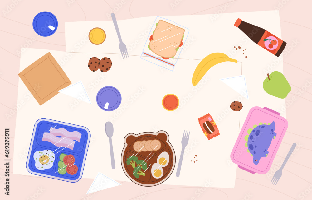 School breakfast, lunch boxes and drinks on table top view. Kindergarten dinner for children, cookies, fruits and sandwich, vector scene