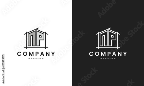 Initial NP home logo with creative house element in line art style vector design template