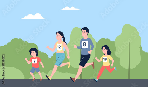 Family marathon, running father mother and children. Active weekend, health care. Adult people and kids fun jogging competition, recent vector scene