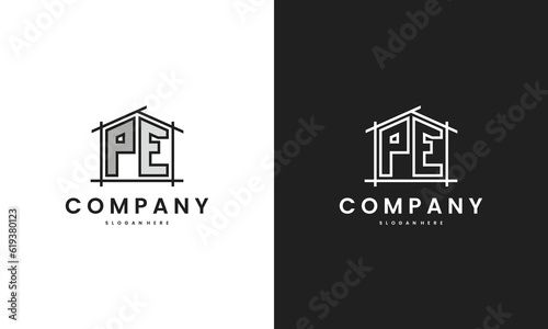 Initial PE home logo with creative house element in line art style vector design template
