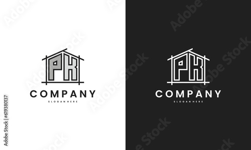 Initial PK home logo with creative house element in line art style vector design template