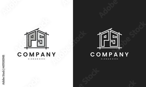 Initial PS home logo with creative house element in line art style vector design template