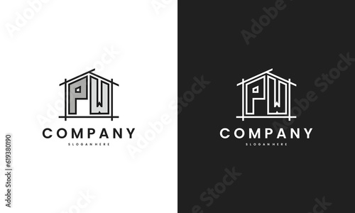 Initial PW home logo with creative house element in line art style vector design template