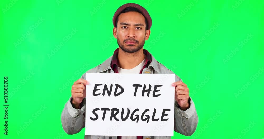 Young man, protest poster and green screen to end poverty, human rights and change with mock up in studio. Student guy, paper sign and billboard for activism, charity and volunteering with promotion Young man, protest poster and green screen to end poverty, human rights and change with mock up in studio. Student guy, paper sign and billboard for activism, charity and volunteering with promotion