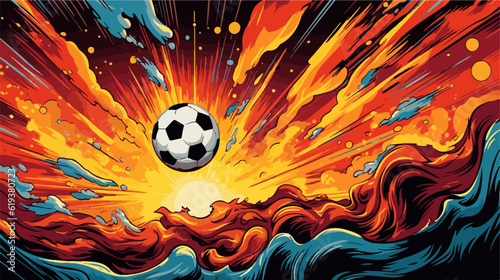 A vibrant orange and black soccer ball flying in the air against a background of abstract shapes. The soccer ball is illuminated by an orange glow, giving it an almost fiery appearance