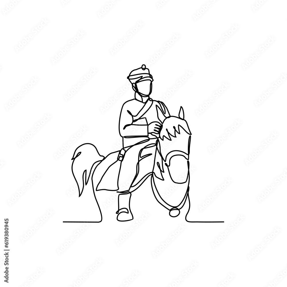 Fototapeta premium One continuous line drawing of illustration of a soldier riding a horse during war. soldier riding a horse concept in simple linear style continuous line. soldier concept vector illustration.