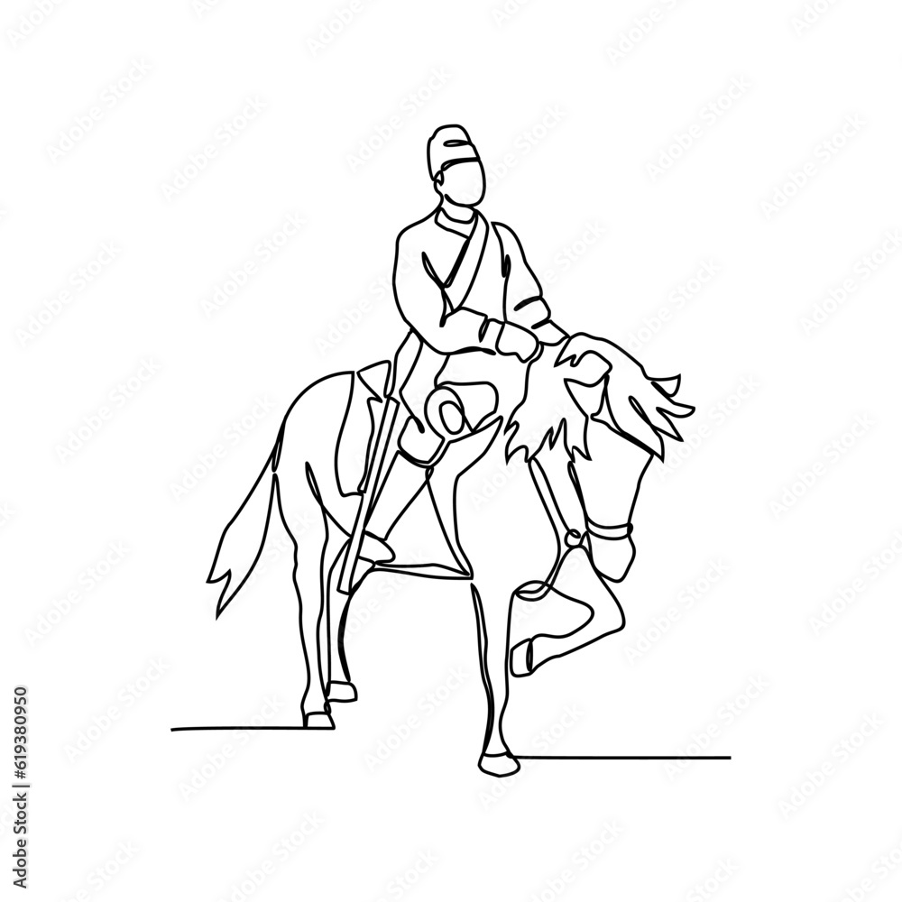 Fototapeta premium One continuous line drawing of illustration of a soldier riding a horse during war. soldier riding a horse concept in simple linear style continuous line. soldier concept vector illustration.