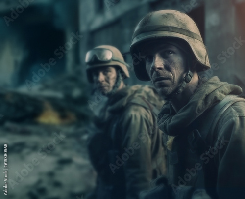 Rescue, army and disaster with people at war for danger, military and action. Ai generated, explosion and fire with soldiers on mission in battlefield for camouflage, apocalypse and marine service © Angelo J/Peopleimages - AI