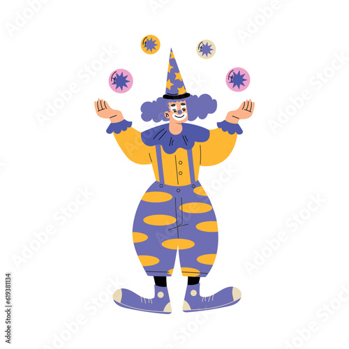 Man Clown in Flamboyant Costume Juggling Balls as Circus Artist Character Vector Illustration