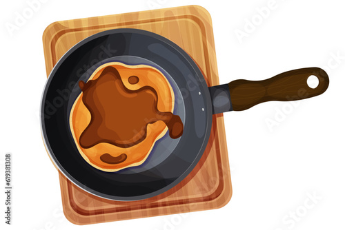 Pancake top view with butter in frying pan, wok with chocolate on wooden board in cartoon style isolated on white background. Circle dessert, breakfast. 
