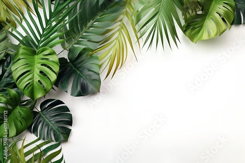 Tropical leaves is placed on the corner on white background.Generated by AI.