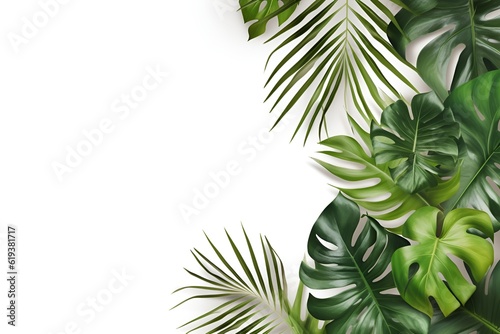 Tropical leaves is placed on the right side on white background.Generated by AI.