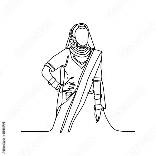 One continuous line drawing of people using the traditional clothes. Asian traditional clothes concept in simple linear style. Fashion and beauty concept vector illustration
