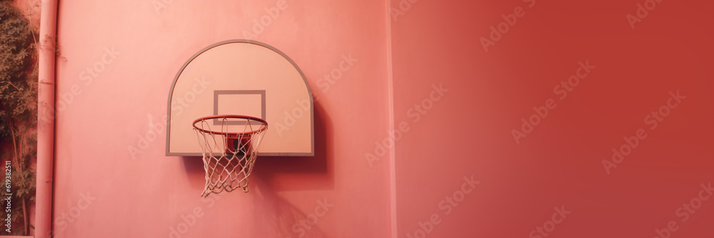 basketball hoop on a pink red wall in a minimalist style