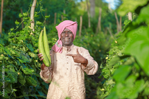 Indian farming, farmer holding bottle gourd, vegetable fresh , happy farmer photo
