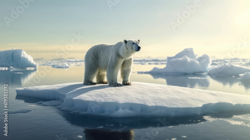 Polar bear stranded standing on melting glacier, affected by climate change and global warming