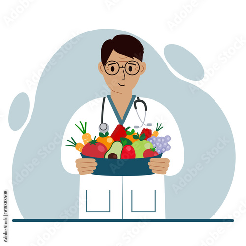 Nutritionist doctor with a bowl of fruits and vegetables. Dietitian