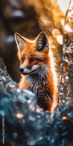 Photo of a majestic red fox sitting in the beautiful forest scenery.generative ai