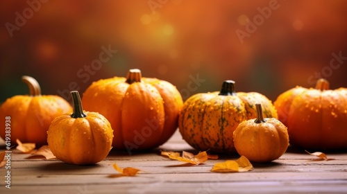 Photo of a group of pumpkins on a rustic wooden table.generative ai