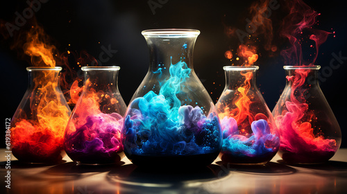 Vivid colorful explosion in lab beaker. Generative AI image.