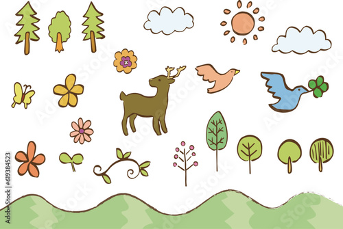 Set of hand-drawn illustration of forest, birds and deer.