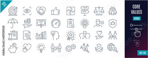 Best collection Core values line icons.puzzle, solutions,