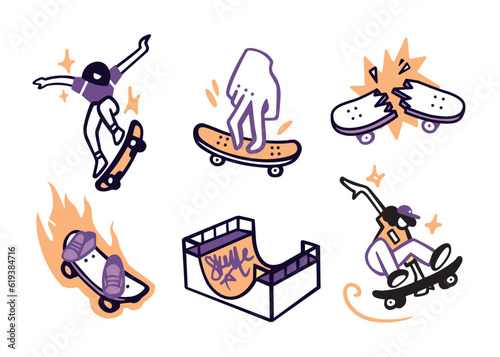 Skateboard sticker set, fire, creative, prints, stickers, fingerboard, broken skateboard, skateboarder girl and man.Vector outline style.