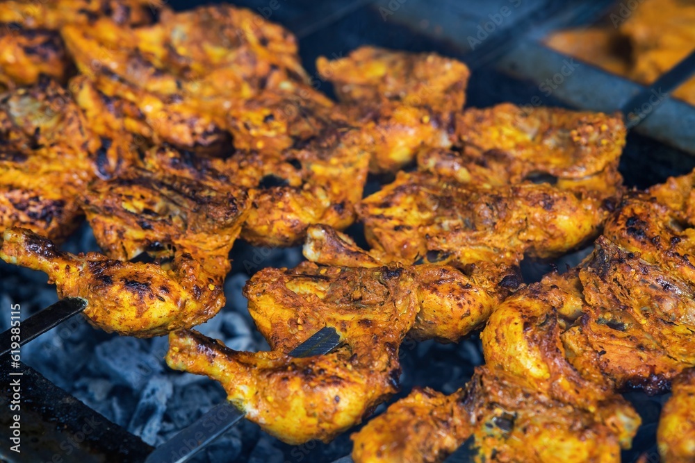 Cooking chicken skew Kebab barbeque. Traditional Indian and Paksitan dish cooked on charcoal