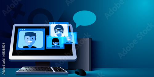 Online training, video conference and remote education concept. Computer with video call.