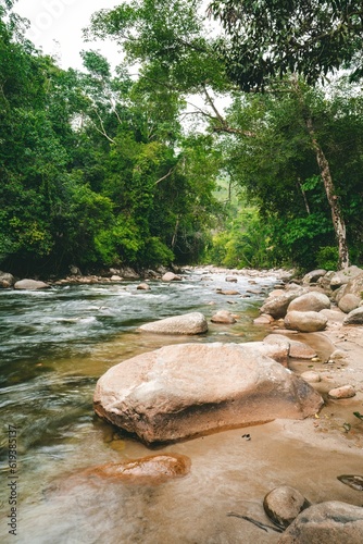 Vertical view of a scenic river flowing from upstream at Sungai Kampar, Gopeng, Perak photo