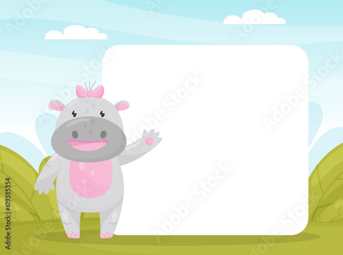 Card with Cute Hippo Character Greeting and Smiling Vector Template