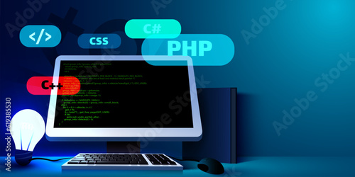 Web development, coding and programming futuristic banner. Computer code on computer.