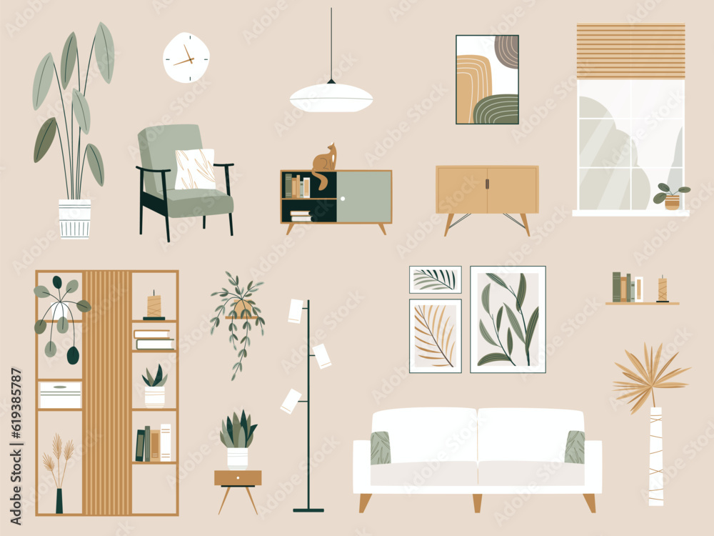 Fototapeta premium Living Room Interior Elements Vector Set. Wooden furniture, plants, sofa, couch, bookcase, paintings, armchair, lamps, shelf, window. Modern minimalistic trendy collection for home apartment design