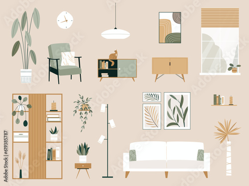 Living Room Interior Elements Vector Set. Wooden furniture, plants, sofa, couch, bookcase, paintings, armchair, lamps, shelf, window. Modern minimalistic trendy collection for home apartment design