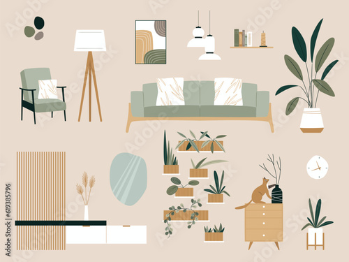 Living Room Interior Elements Vector Set. Wooden furniture, plants, sofa, couch, bookcase, paintings, armchair, lamps, shelf, window. Modern minimalistic trendy collection for home apartment design