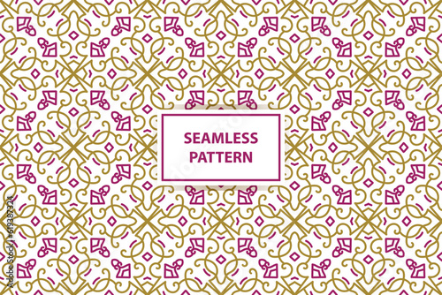 oriental seamless pattern. White, purple and gold background with Arabic ornament. Pattern, background and wallpaper for your design. Textile ornament. Vector illustration.