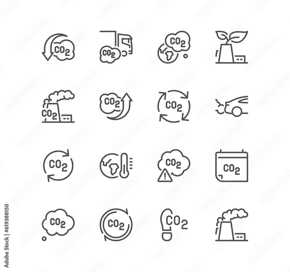 Set of CO2 related icons, green production, earth, emission levels and linear variety symbols.